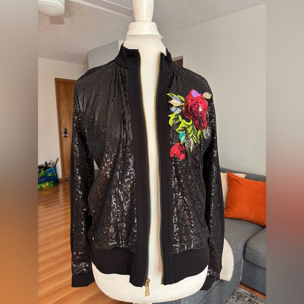 Boston Proper Black Sequin Jacket with Floral Embroidery